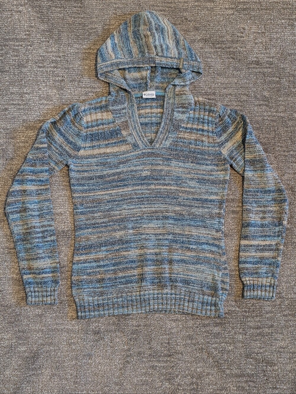 Columbia Melange Hooded V-Neck Pullover Knit Sweater Blue Tan Stripes - Small